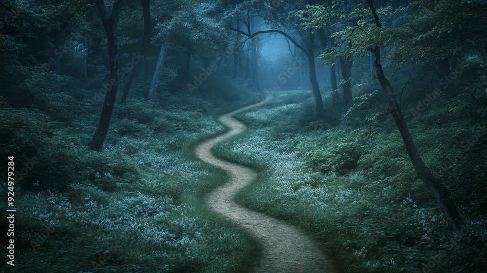 Poster mystical forest path leading through fog - a winding path leads through a dense forest shrouded in m