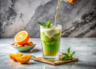 Fototapeta premium Vibrant green matcha ice tea pouring into a delicate glass, paired with a slice of orange, against a elegant white and gray marble background.
