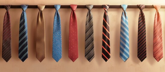 Light wall with a variety of stylish neckties on a hanger providing copy space image