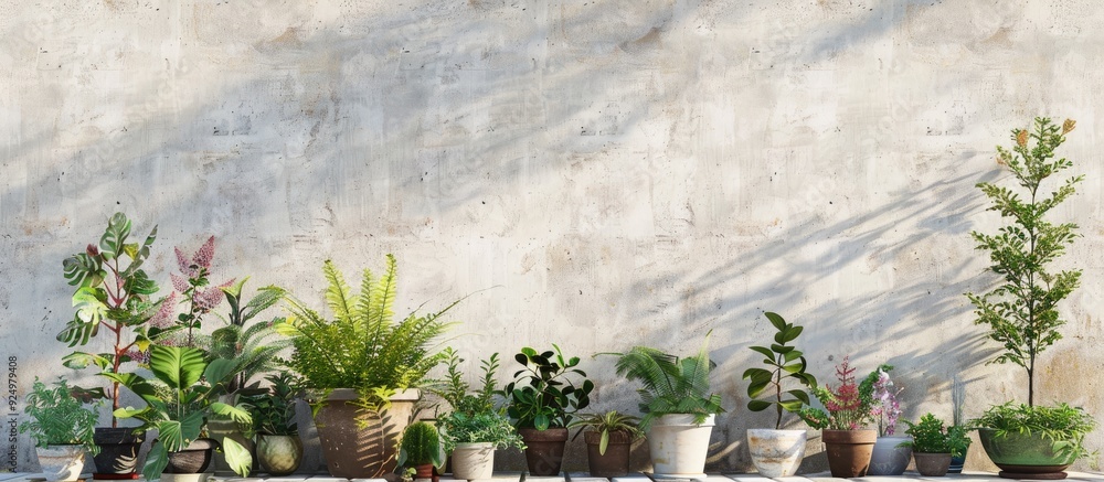 Poster plants on the terrace with a white wall background and in pots creating a dynamic copy space image