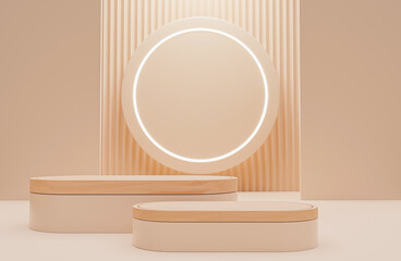 empty wooden podium on brown studio background, space for product, stand to show cosmetic products. Stage showcase on pedestal display beige studio, 3d render