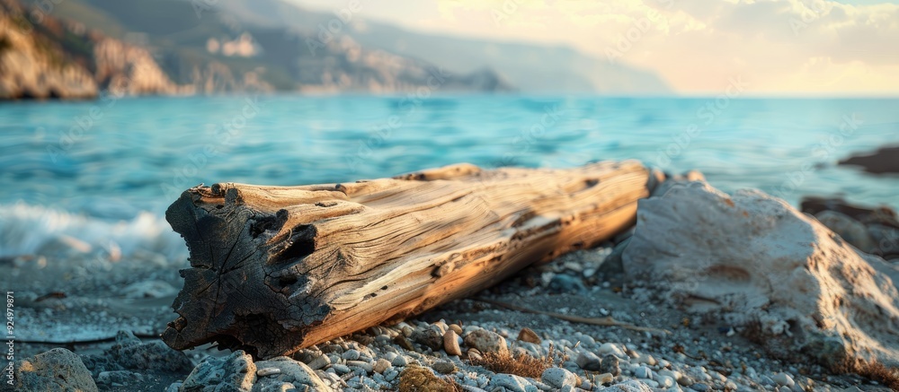Aufkleber wooden log on a beach with a blurred seascape background suitable for product displays with copy spa