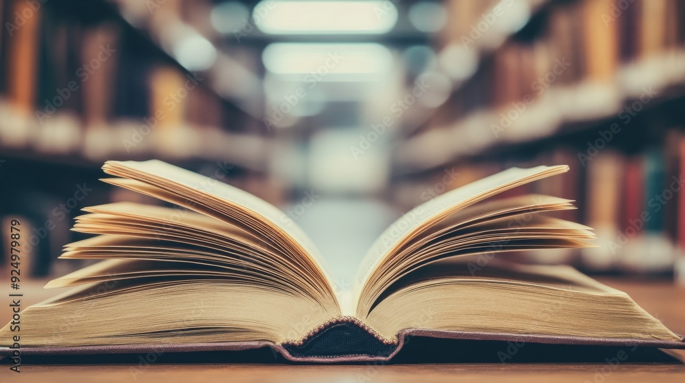 Poster open book in library setting - an open book with blurred bookshelves in the background, symbolizing 