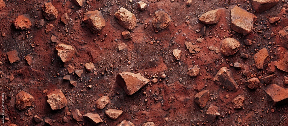 Poster copy space image of a textured mineral abstract ground with red soil creating a natural background