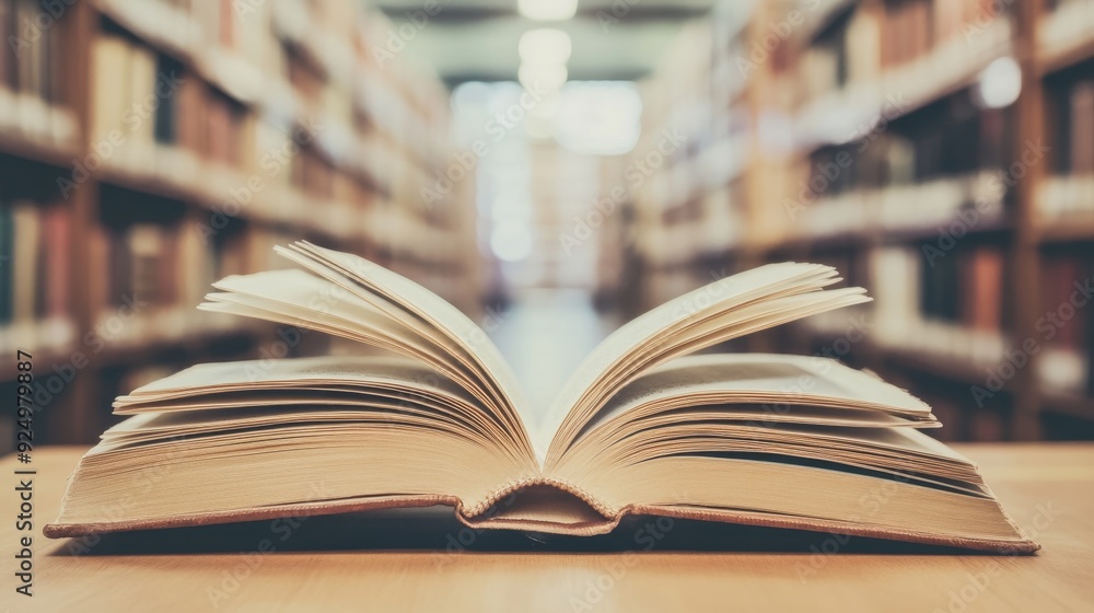 Poster open book in library with blurred bookshelves background - an open book lays on a wooden table in a 