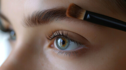 Naklejka premium Beautiful young woman applying make-up powder ,Young woman with spoolie brush
