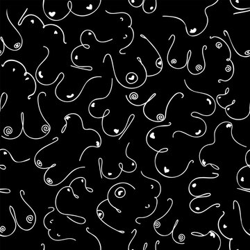 Seamless graphic pattern with female breasts drawn in doodle style.