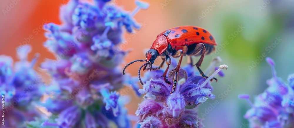 Poster close up shot of a red checkered beetle gathering pollen from a purple flower in a macro photo with 