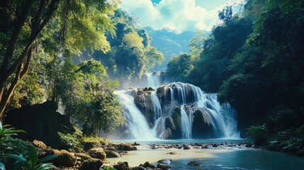 Emerald Tranquility: The vibrant Kuang Si Waterfall and its lush, green surroundings in Luang Prabang Province, Laos. A serene and picturesque scene.