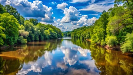 Serenene panoramic view of calm, silky brown Chattahoochee River water, lined with lush green trees, under a bright blue sky with fluffy white clouds.