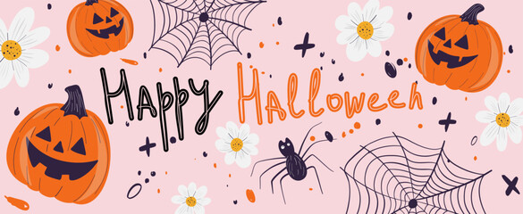 Banner of cute holiday elements with happy halloween doodle hand drawn lettering. Children's print for stickers, greeting cards and decor. Pumpkin, spider web with spider, flowers on pink background.