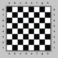 Chess board. Pattern of chessboard. Background chessboard with letters and numbers. Wood square for checkmate. Vector.
