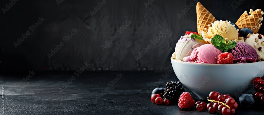 Poster a vibrant assortment of ice cream in bowls topped with waffle cones and berries displayed on a black