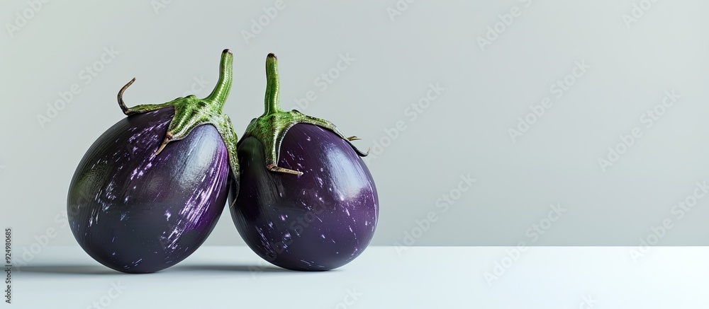 Poster two whole round eggplants on a white backdrop with empty space for writing or images. copy space ima