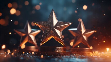 Three golden star awards on a dark background with bokeh lights.  Perfect for success, achievement, or celebration concepts.