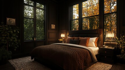 Fototapeta premium A bedroom with a large bed and a window with trees outside. The room is dimly lit, giving it a cozy and relaxing atmosphere