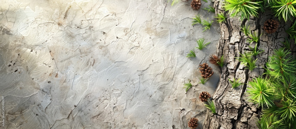 Poster mock up featuring tree bark and grass on a light background with copy space image