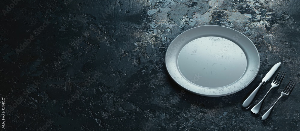 Aufkleber preparing for dinner an empty ceramic plate on a dark concrete surface with cutlery beside it creati