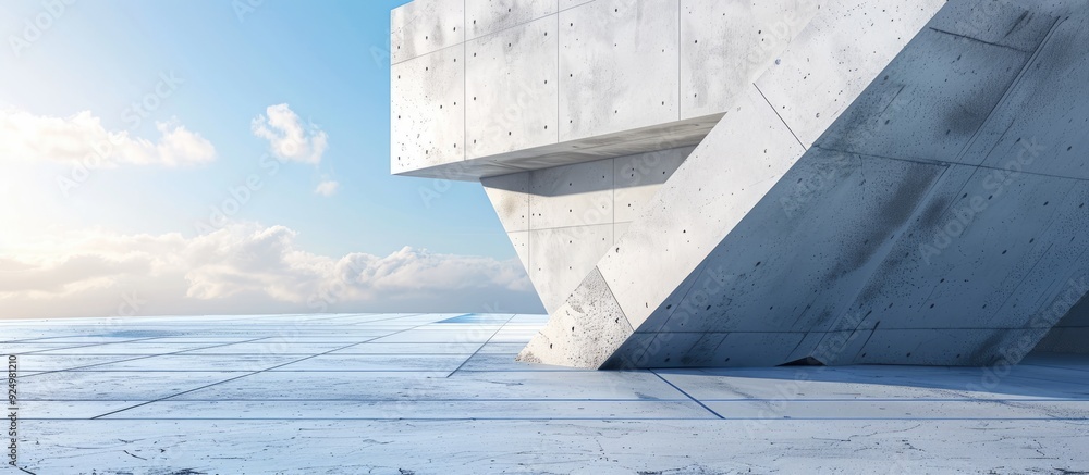 Poster modern and minimal office building with geometric gray and white design and a rough concrete wall se