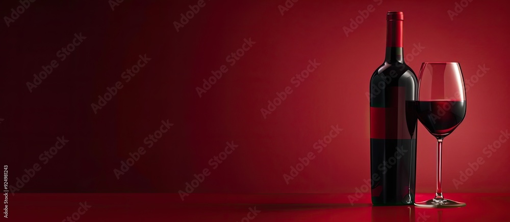 Poster red wine bottle and glass set against a red backdrop with ample copy space image available