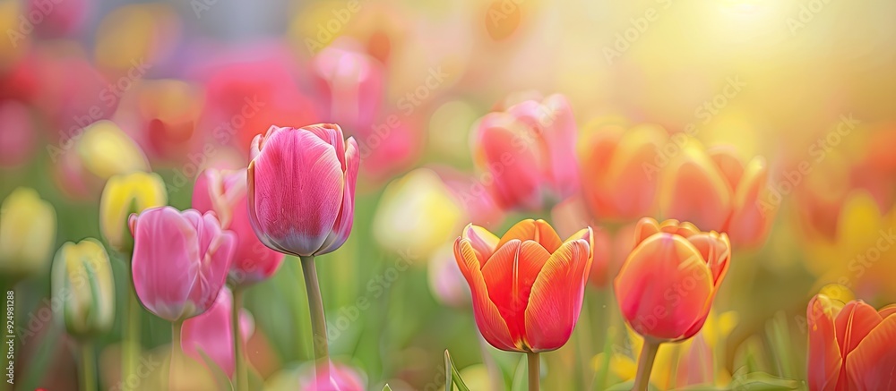 Poster vibrant tulips in a field with a soft focus background, suitable for a copy space image.
