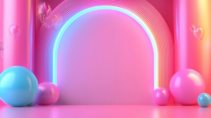 A vibrant and playful scene featuring colorful balloons and spheres, evoking a sense of joy and celebration. The soft pink and blue hues create a cheerful atmosphere. 