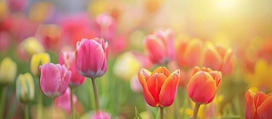 Fototapeta premium Vibrant tulips in a field with a soft focus background, suitable for a copy space image.