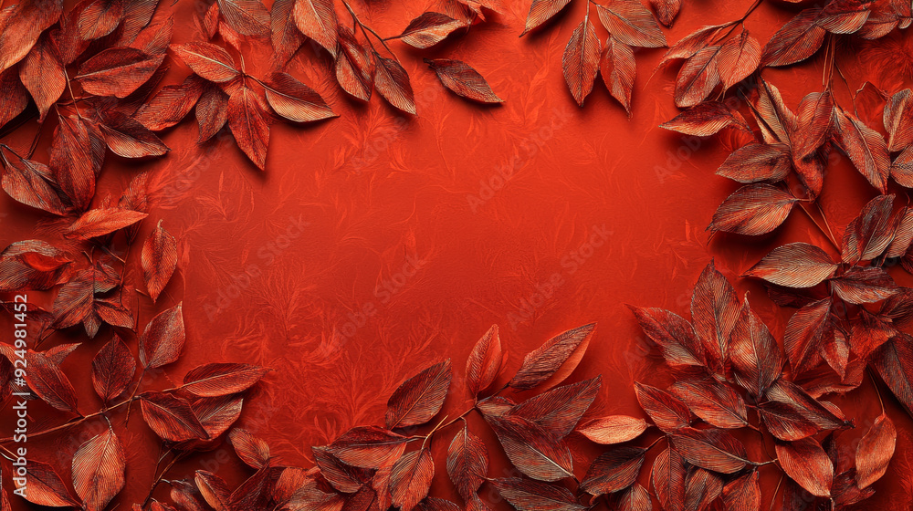 Poster red autumn leaves frame with copy space - a beautiful autumnal design with red leaves arranged in a 