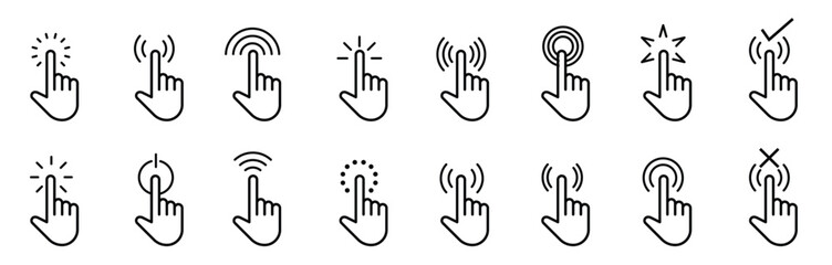 Computer mouse cursor pointer icon. Clicking with the cursor. Hand gesture with a bent index finger. Isolated vector elements