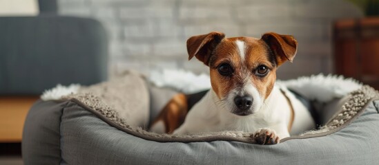 Adorable pet in a dog bed at home with copy space image