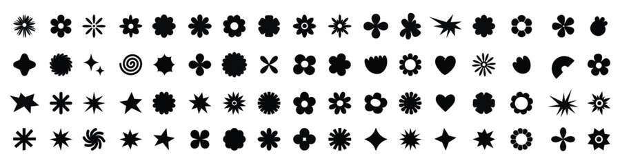 Black flowers and shapes icons. Daisy floral organic form cloud star and other elements in trendy playful brutal style. Vector illustrations isolated on white background