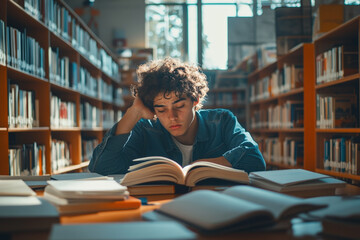 Exhausted student falling asleep on his books in a library surrounded by books and paperwork