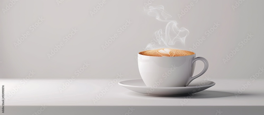 Poster a steaming cup of cappuccino on a white backdrop with copy space image