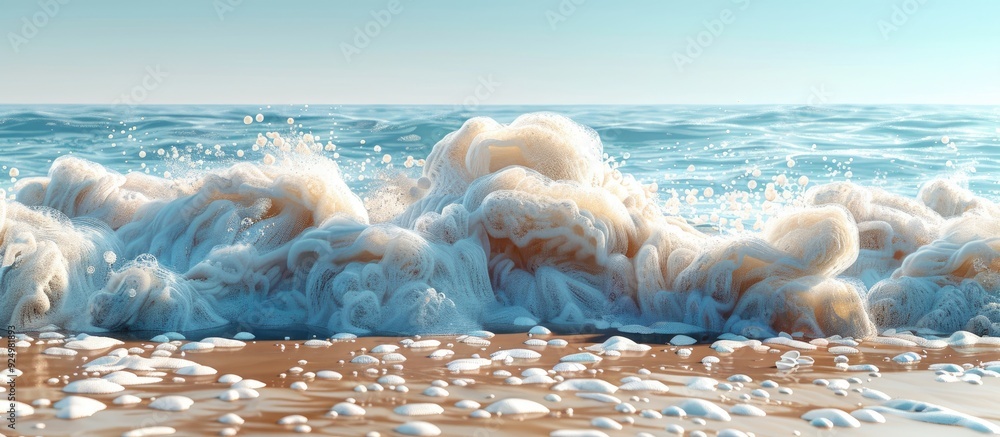 Poster Stunning beach scene with summer waves crashing on the sandy shore creating layers of foam on the waterscape Perfect for a holiday background with copy space image