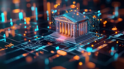 A bank building using holographic financial data that symbolizes stability in the economy