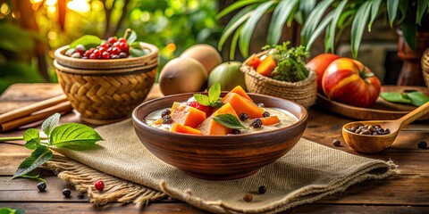 mamey breakfast bowl rustic farm-to-table setting early morning sunlight warm earthy tones natural textiles organic ingredients vibrant greenery healthy concept