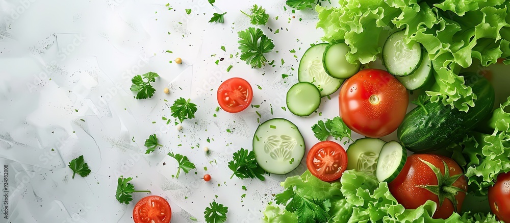Aufkleber assorted fresh vegetables like tomatoes cucumbers lettuce parsley and peppers captured in motion on 