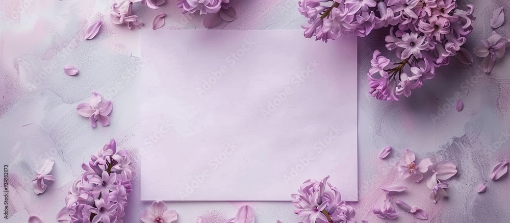 Poster a soft violet backdrop showcases delicate hyacinth blooms beside a blank paper sheet top view with a