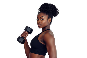 Afro fit woman in sports clothing posing with dumbbell. Transparent background. Active lifestyle concept