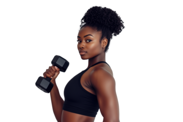 Afro fit woman in sports clothing posing with dumbbell. Transparent background. Active lifestyle concept