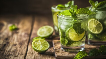 Refreshing Mojito Cocktails with Lime and Mint on Wooden Table - Two glasses of mojito cocktails garnished with fresh mint leaves and lime wedges, resting on a rustic wooden table. The green hues of t