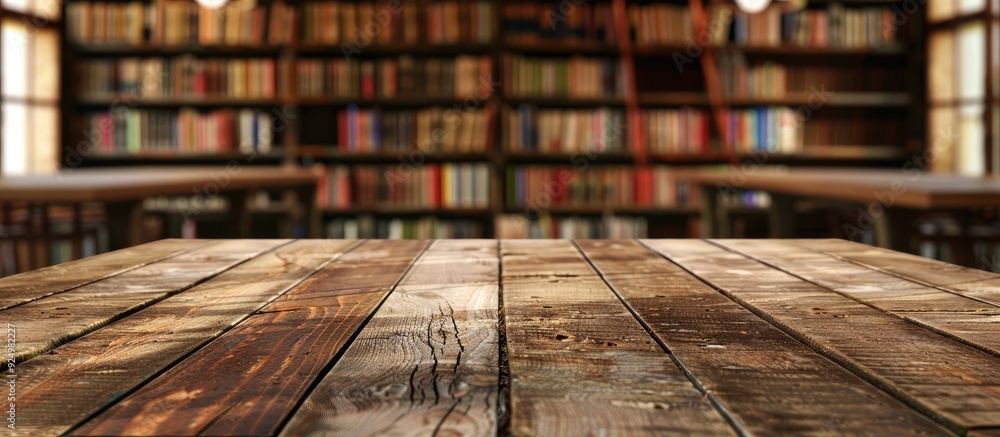 Poster wooden table surface with a blurred university library backdrop offering a clear area to display pro