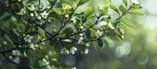 Spring forest branch featuring a saskatoon berry shrub with green leaves and white blooms ideal for a captivating copy space image
