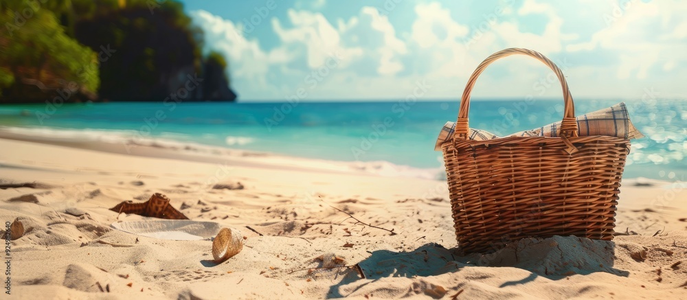 Poster sunny tropical sandy beach with an empty picnic basket ideal as a background for summer concepts fea