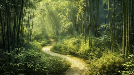 Obraz premium Serene Bamboo Forest Path with Sun Rays
