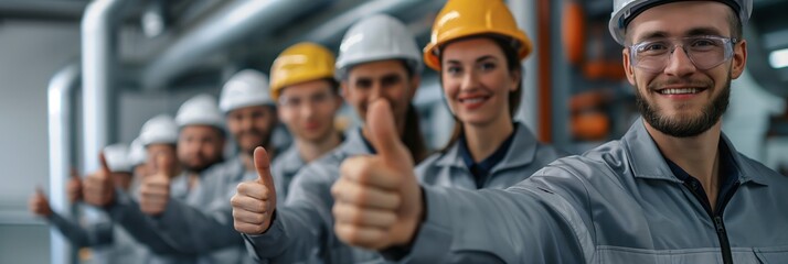 Several industrial workers in grey uniforms and helmets giving a thumbs up in a factory setting, emphasizing safety and teamwork.