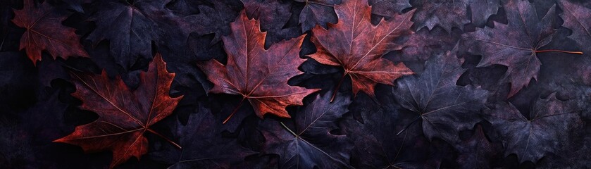 Fototapeta premium A vibrant arrangement of fallen maple leaves in shades of red and dark hues, perfect for autumn-themed designs and backgrounds.