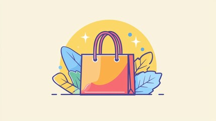 Fototapeta premium A colorful shopping bag surrounded by leaves and a bright background, conveying a cheerful and vibrant shopping experience. 