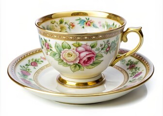 Elegant vintage Bavarian porcelain cup, saucer, and plate isolated on a white background, forming a charming teaware collage with ample space for text overlay.