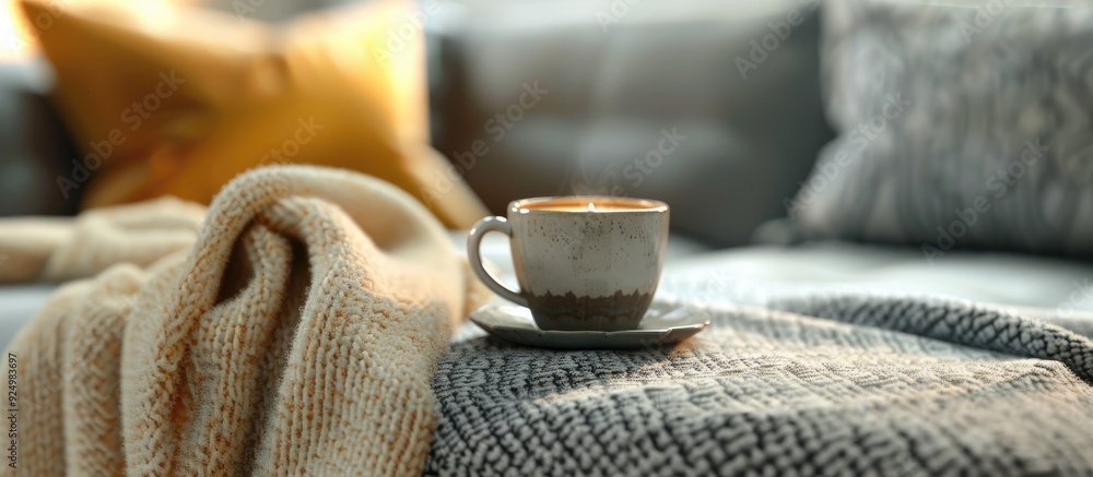 Poster Generative AI technology crafted an autumnal cozy setup featuring a gray soft throw blanket and a coffee cup perfect for creating a soothing ambiance in the copy space image
